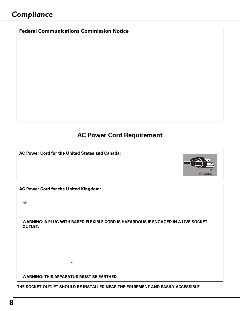 Compliance, 8compliance, Ac power cord requirement | Federal communications commission notice | Fisher PLC-XU87 User Manual | Page 8 / 73
