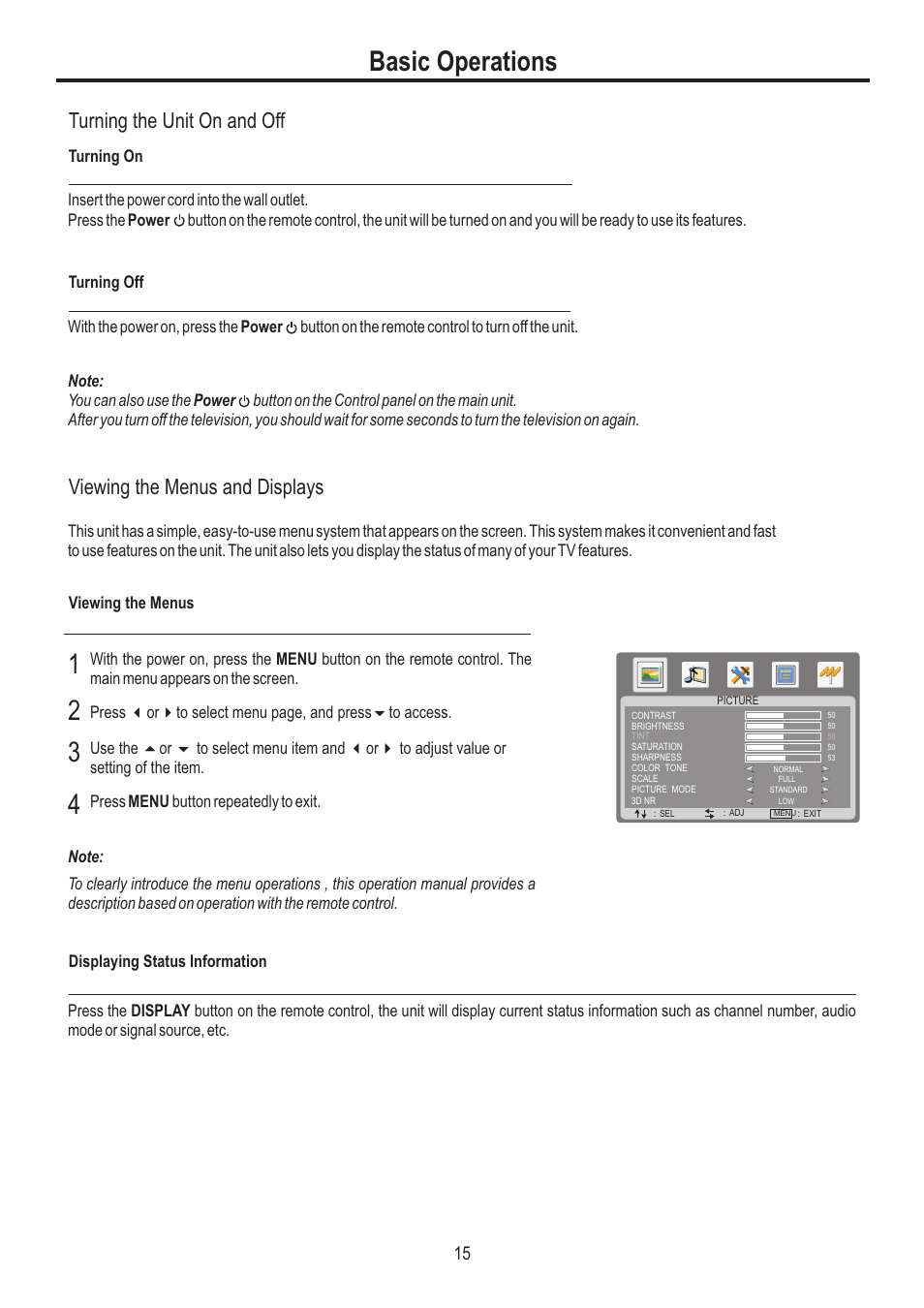 Basic operations, Turning the unit on and off, Viewing the menus and displays | Fisher AVL3211 User Manual | Page 17 / 34