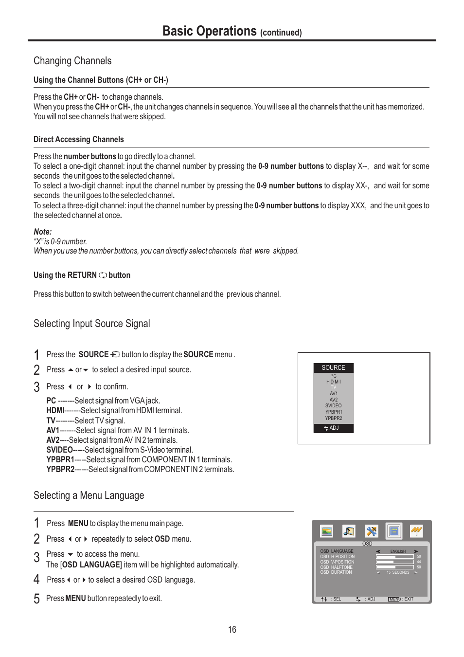 Basic operations, Selecting input source signal, Selecting a menu language | Changing channels | Fisher AVL3211 User Manual | Page 18 / 34