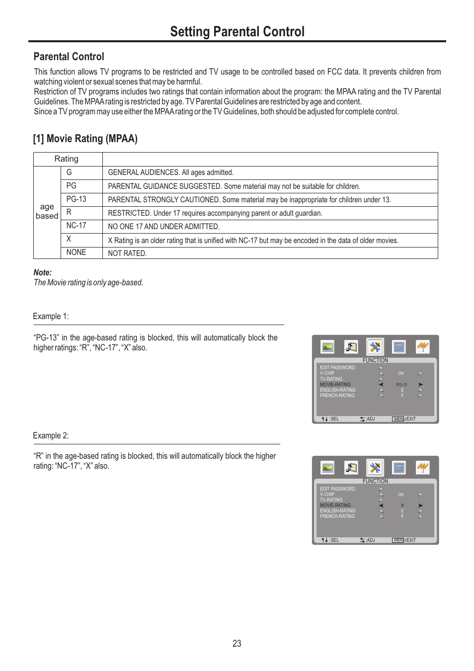 Setting parental control, 1] movie rating (mpaa), Parental control | Fisher AVL3211 User Manual | Page 25 / 34