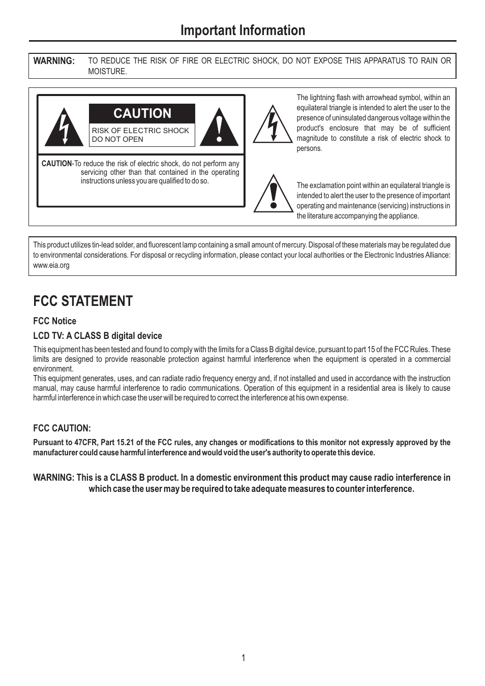 Fcc statement, Important information, Caution | Fisher AVL3211 User Manual | Page 3 / 34