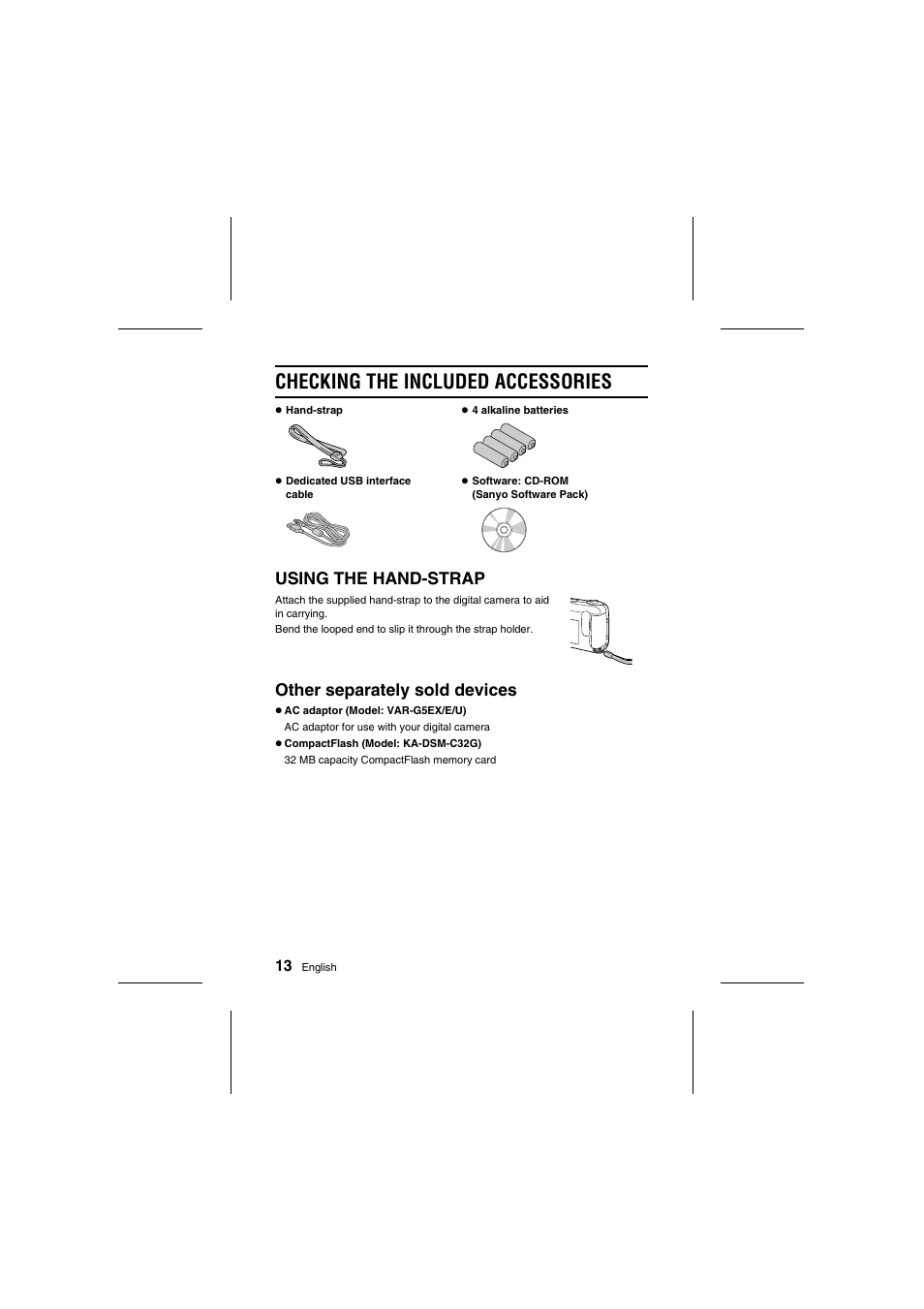 Checking the included accessories, Using the hand-strap, Other separately sold devices | Fisher VPC-R1 User Manual | Page 18 / 87