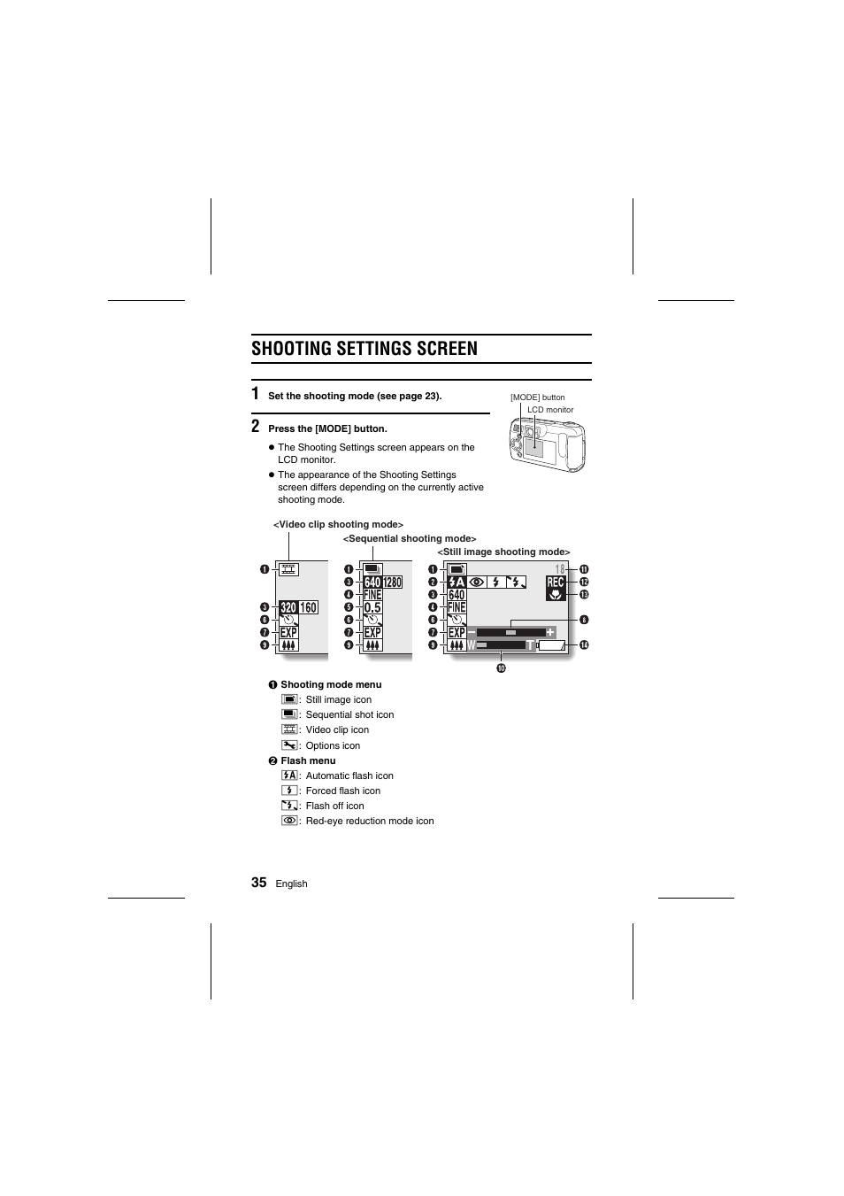 Shooting settings screen | Fisher VPC-R1 User Manual | Page 40 / 87