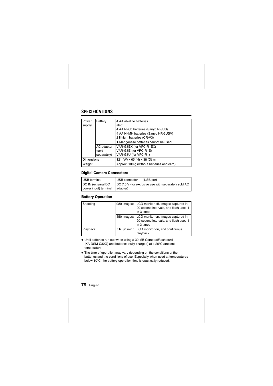 Specifications 79 | Fisher VPC-R1 User Manual | Page 84 / 87