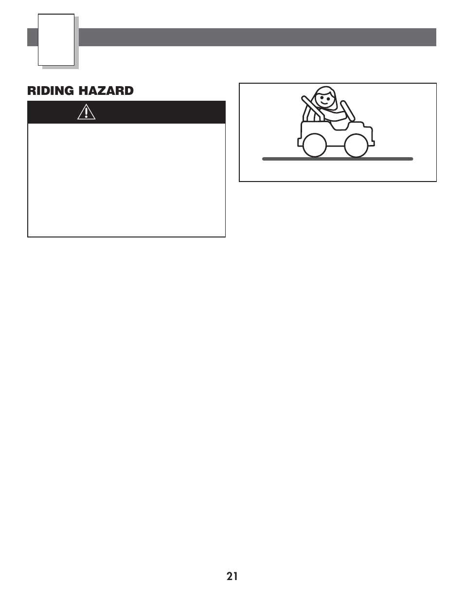 Rules for safe driving, Warning, Riding hazard | Fisher 77770 User Manual | Page 21 / 32