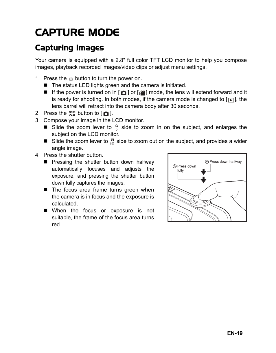19 capture mode, 19 capturing images, Capture mode | Capturing images | Fisher VPC-T850 User Manual | Page 20 / 43
