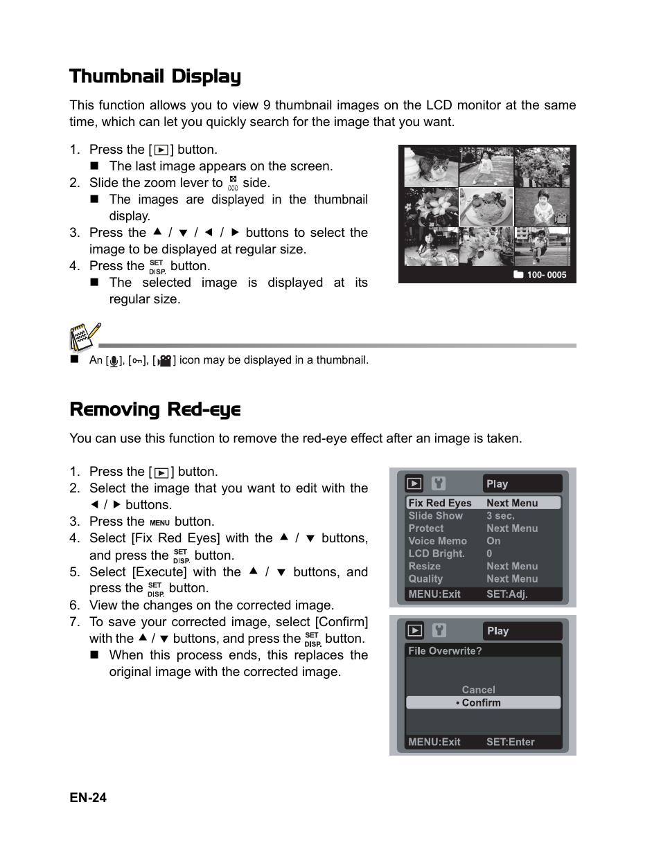 24 thumbnail display 24 removing red-eye, Thumbnail display, Removing red-eye | Fisher VPC-T850 User Manual | Page 25 / 43