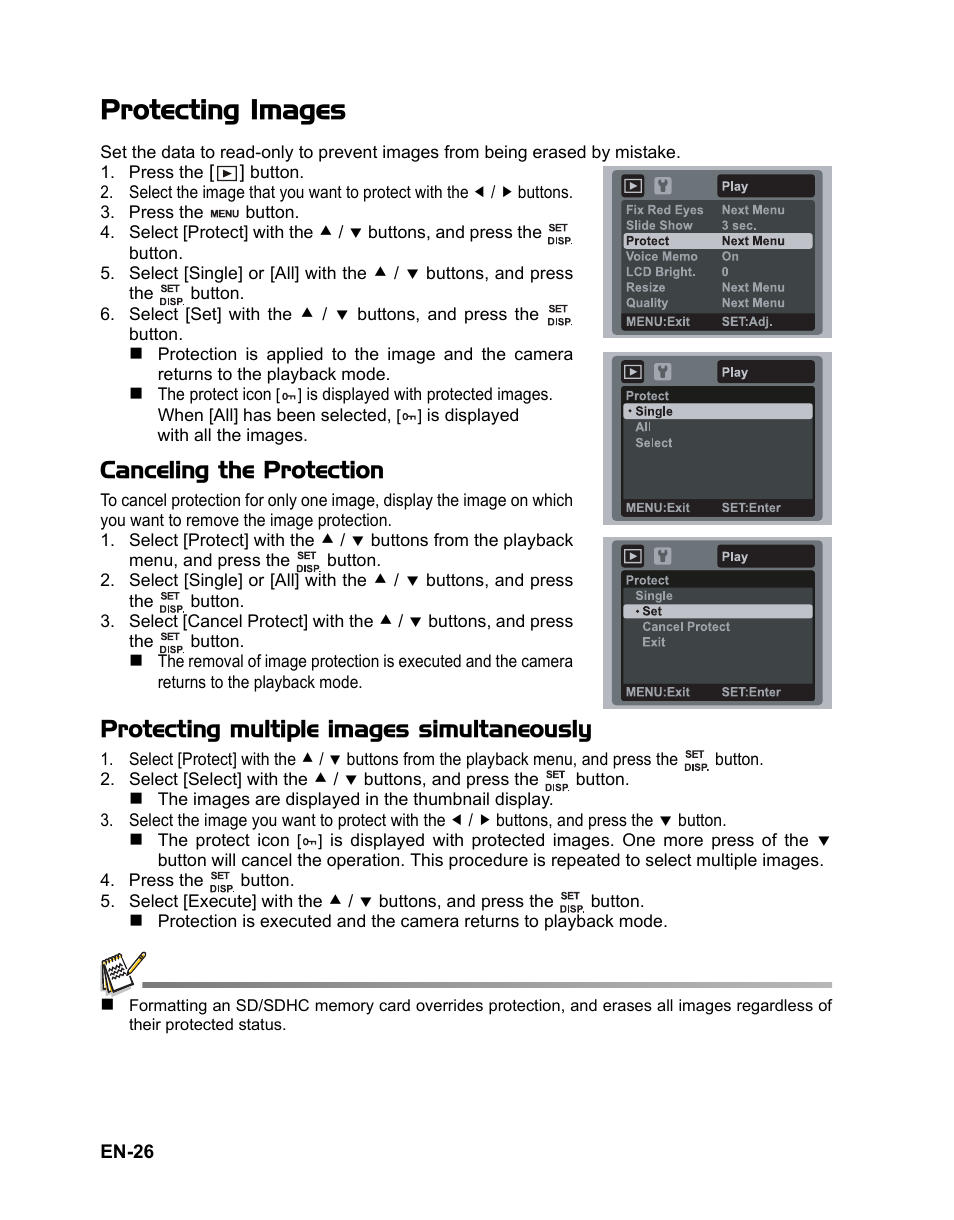 26 protecting images, Protecting images, Canceling the protection | Protecting multiple images simultaneously | Fisher VPC-T850 User Manual | Page 27 / 43