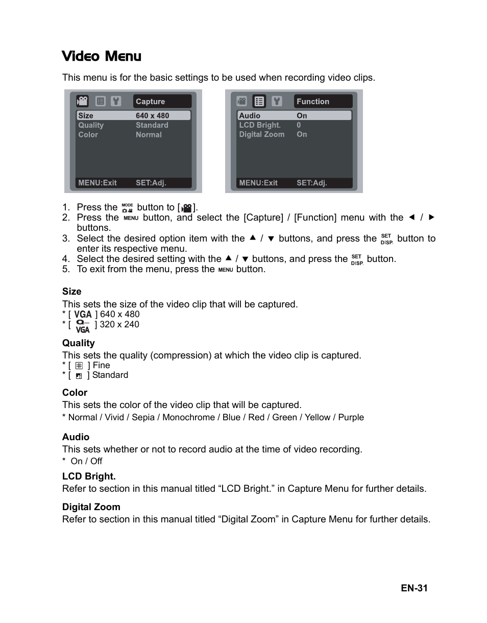 31 video menu, Video menu | Fisher VPC-T850 User Manual | Page 32 / 43