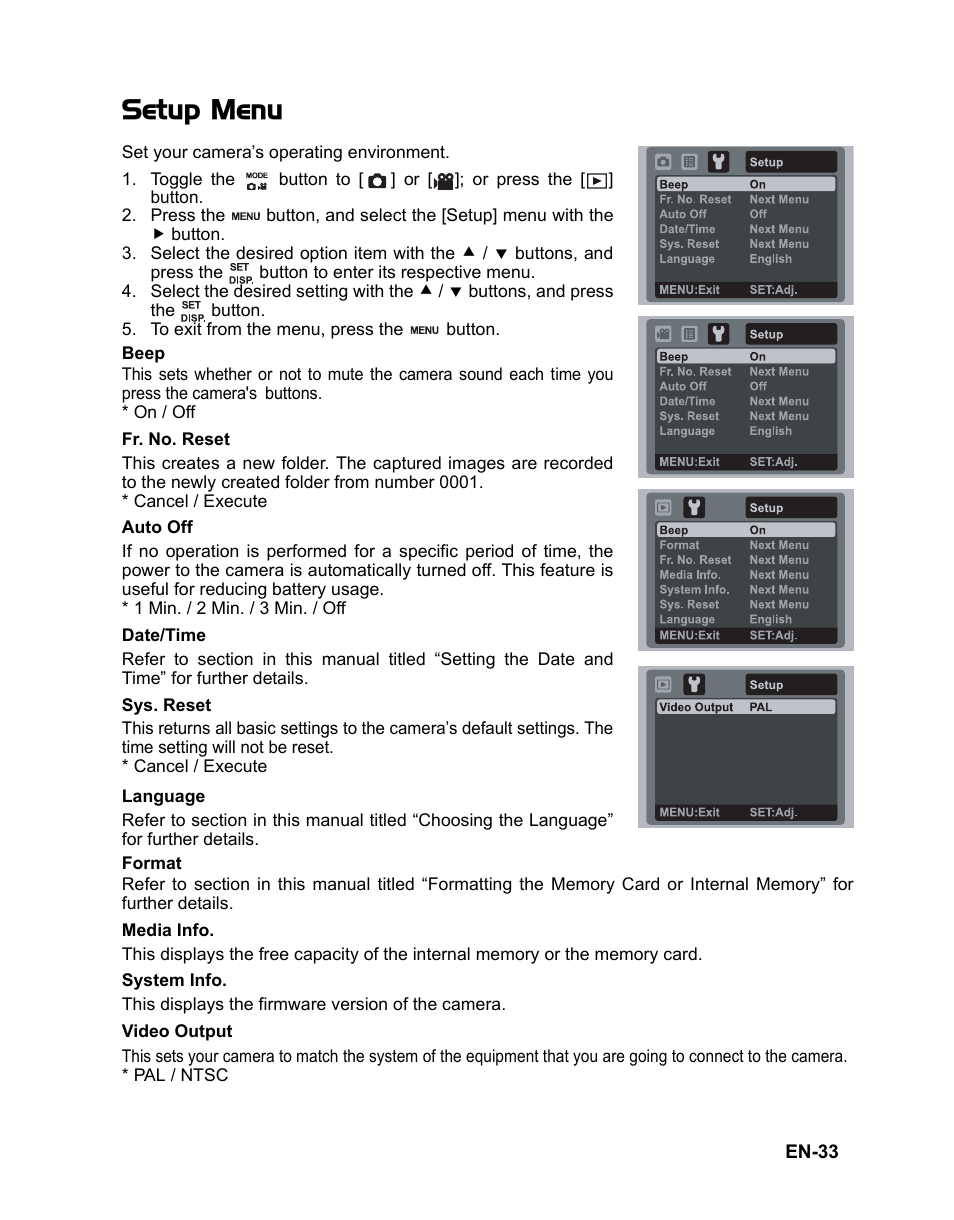 33 setup menu, Setup menu | Fisher VPC-T850 User Manual | Page 34 / 43