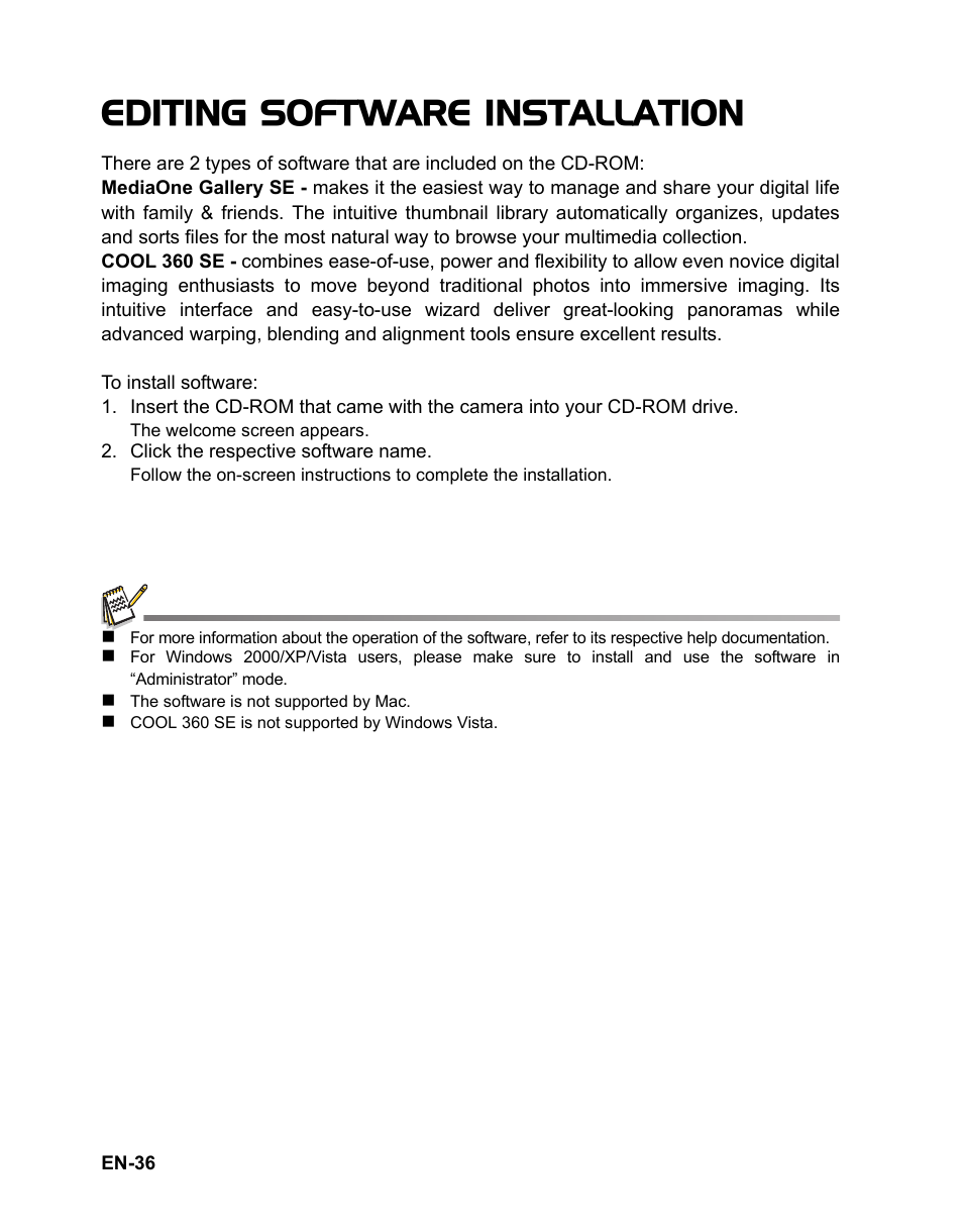 36 editing software, Installation, Editing software installation | Fisher VPC-T850 User Manual | Page 37 / 43