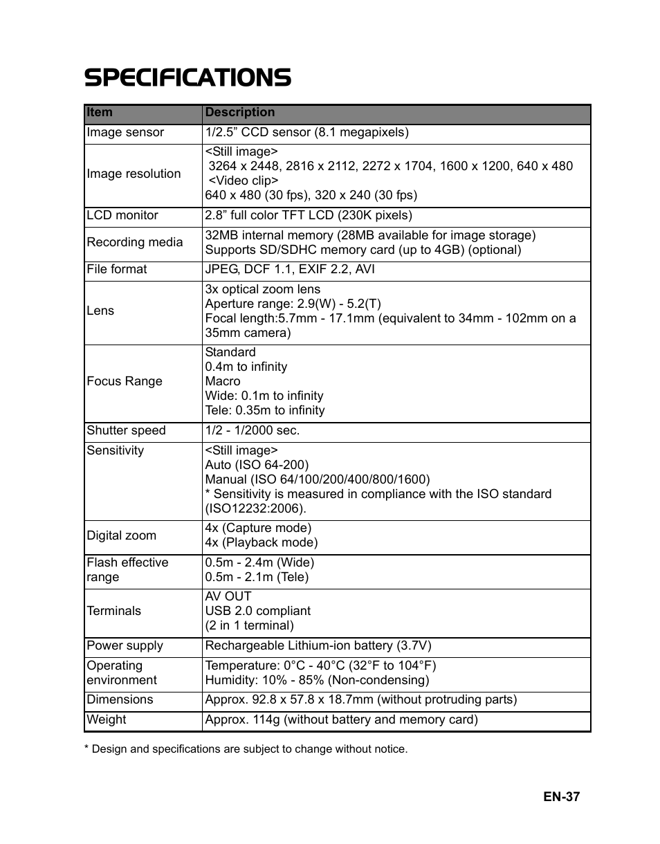37 specifications, Specifications | Fisher VPC-T850 User Manual | Page 38 / 43