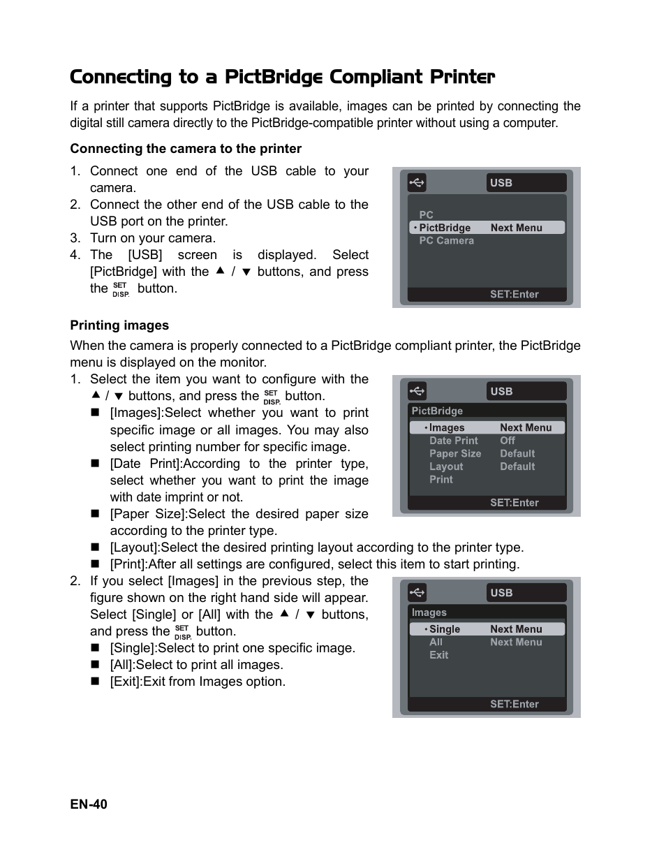 40 connecting to a pictbridge compliant, Printer, Connecting to a pictbridge compliant printer | Fisher VPC-T850 User Manual | Page 41 / 43