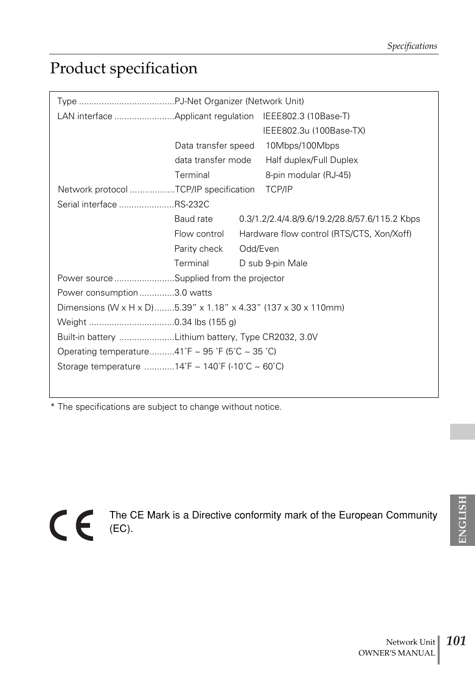 Product specification | Fisher PJ-Net User Manual | Page 101 / 114