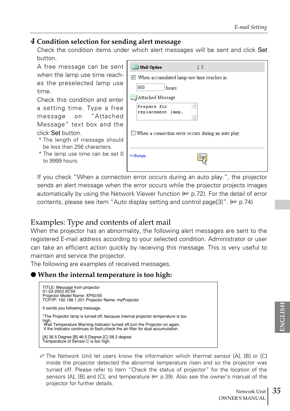 Examples: type and contents, Examples: type and contents of alert mail, Condition selection for sending alert message | When the internal temperature is too high | Fisher PJ-Net User Manual | Page 35 / 114