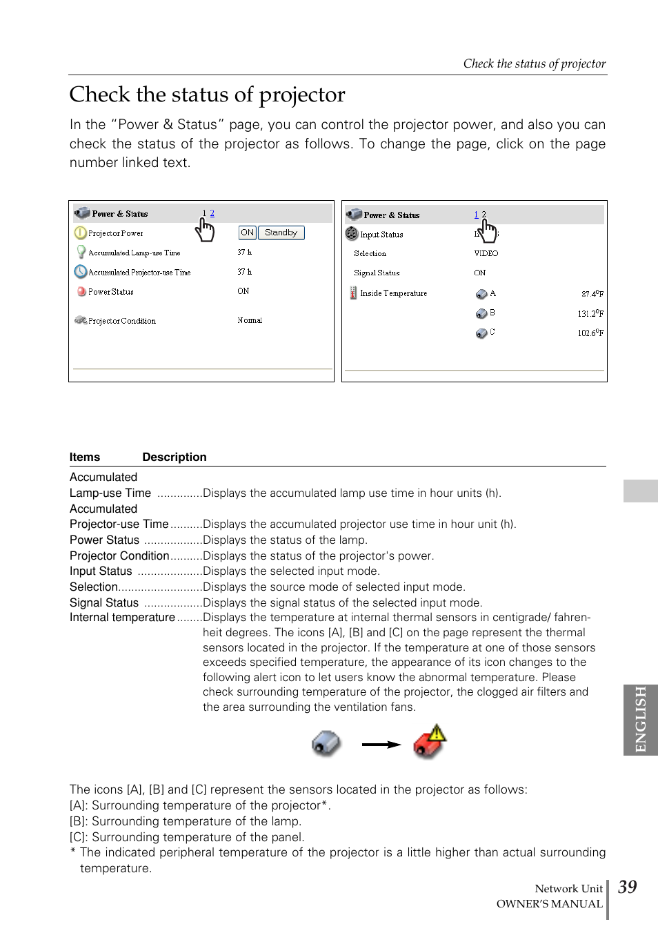 Check the status of projector | Fisher PJ-Net User Manual | Page 39 / 114