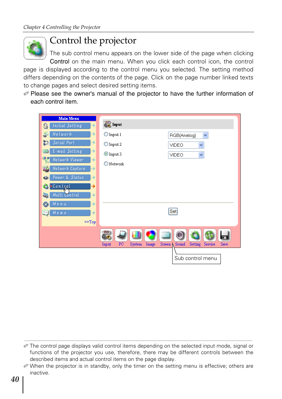 Control the projector | Fisher PJ-Net User Manual | Page 40 / 114