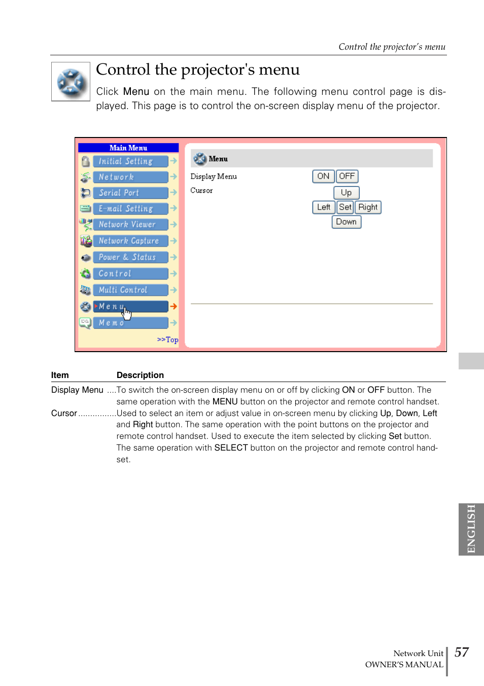 Control the projector's menu | Fisher PJ-Net User Manual | Page 57 / 114