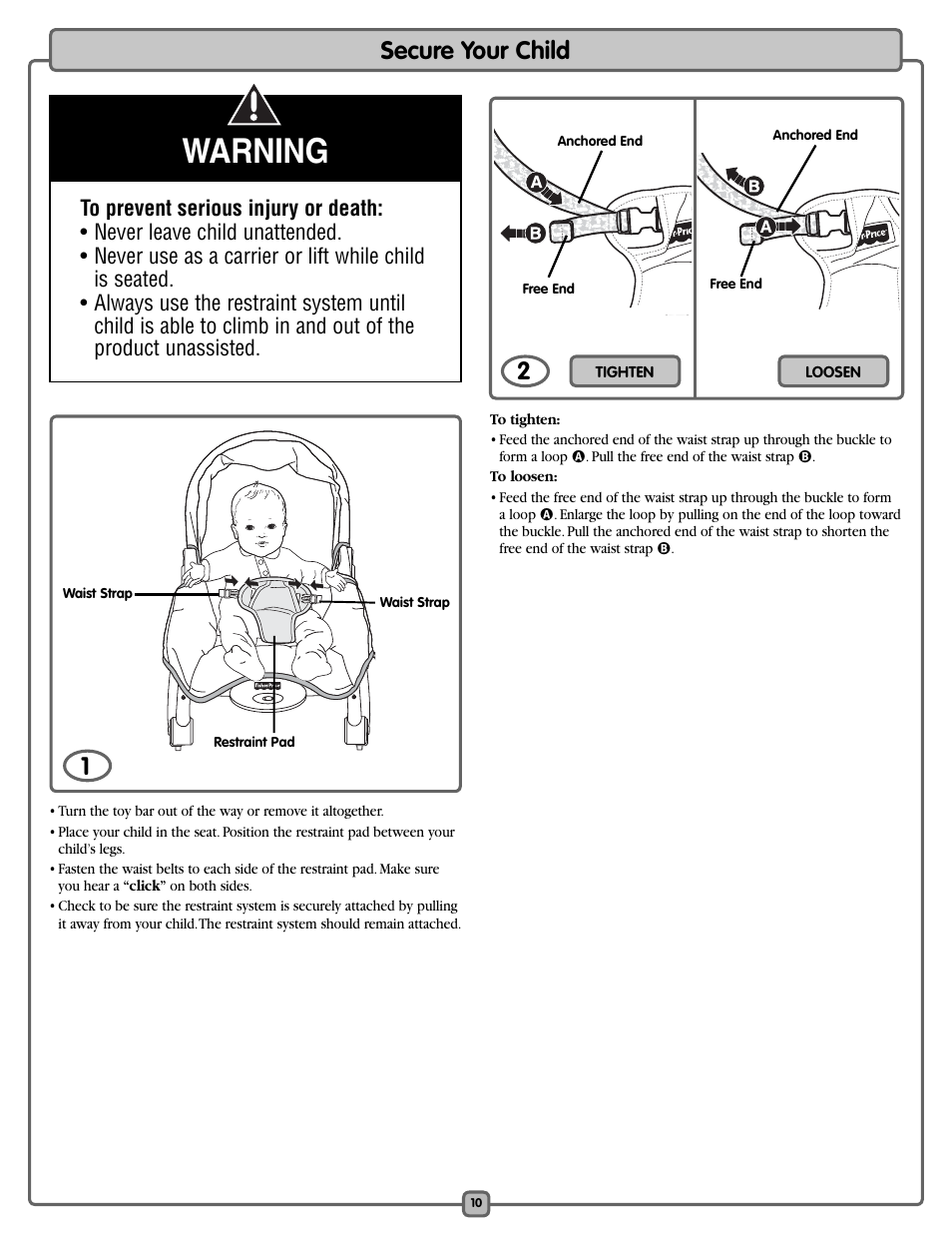 Warning, Secure your child | Fisher LO540 User Manual | Page 10 / 12