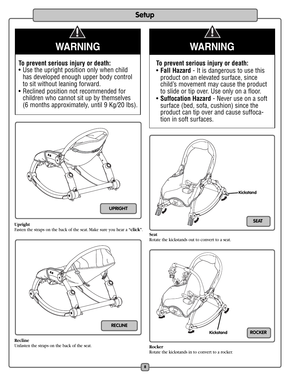 Warning, Setup | Fisher LO540 User Manual | Page 8 / 12