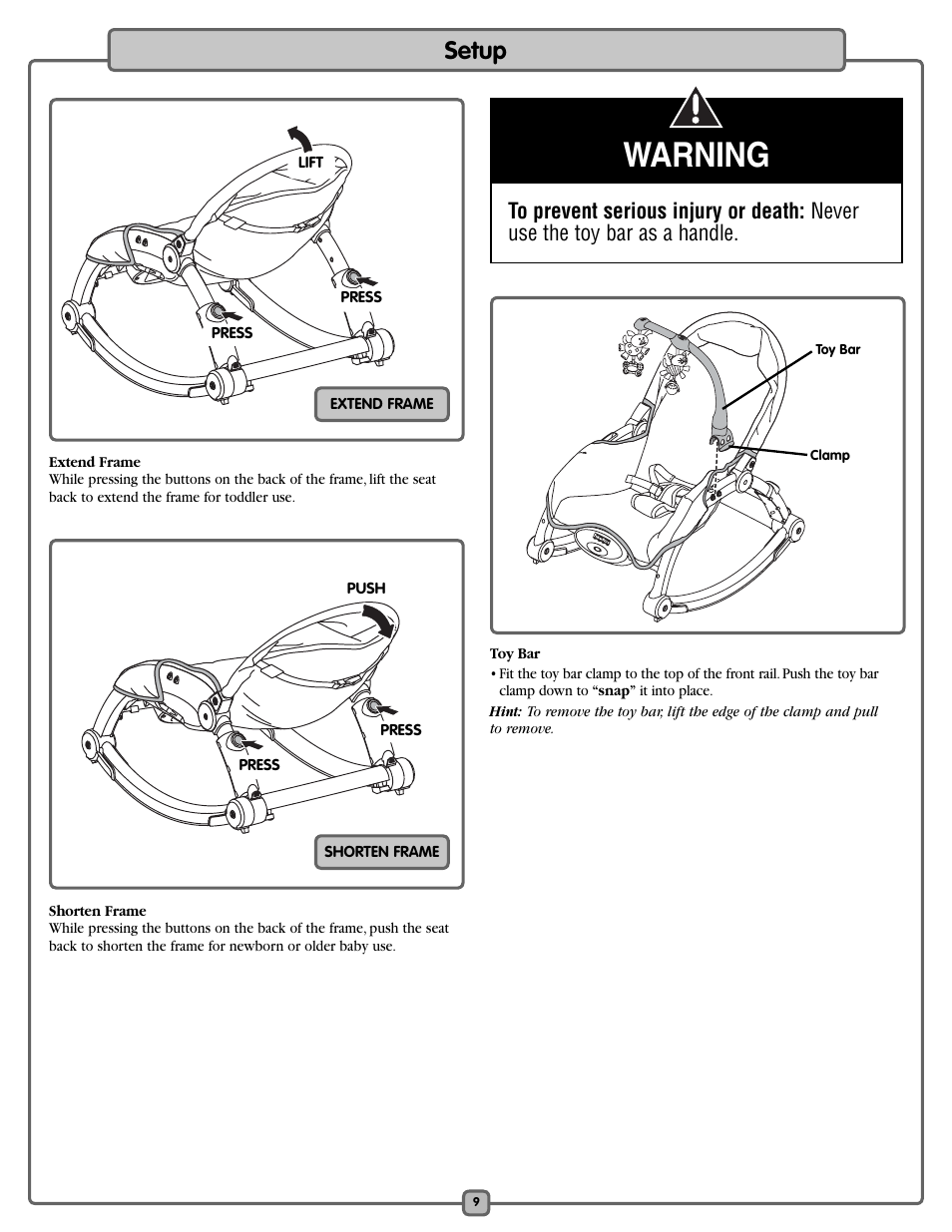 Warning, Setup | Fisher LO540 User Manual | Page 9 / 12