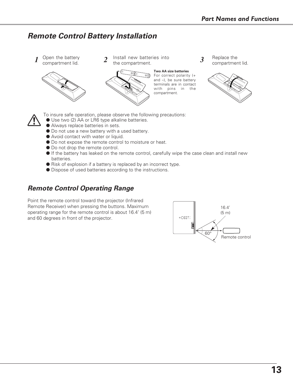 Remote control battery installation, Remote control operating range, Part names and functions | Fisher PLC-XU100 User Manual | Page 13 / 66