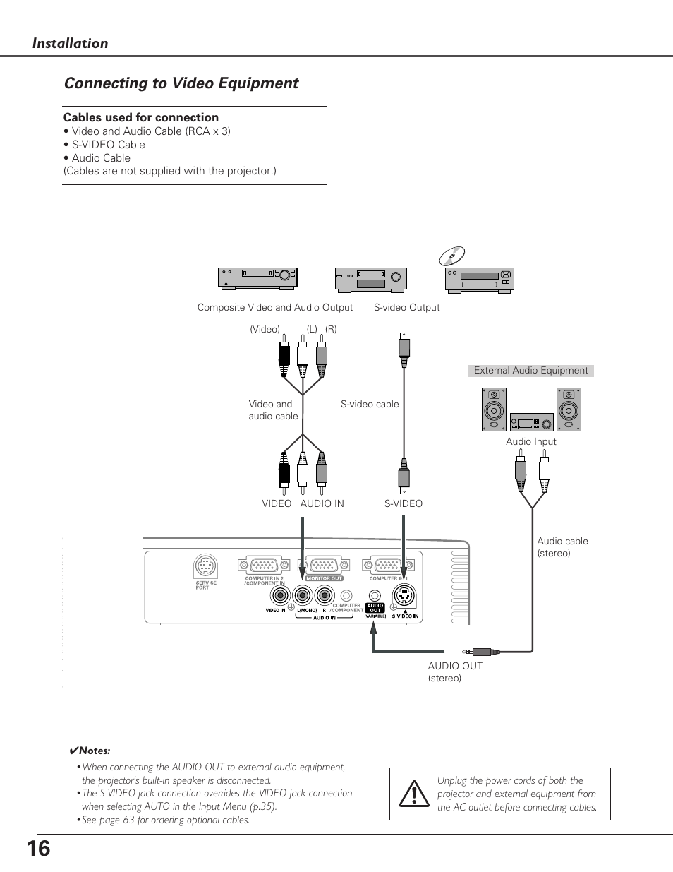 Connecting to video equipment, Installation connecting to video equipment | Fisher PLC-XU100 User Manual | Page 16 / 66