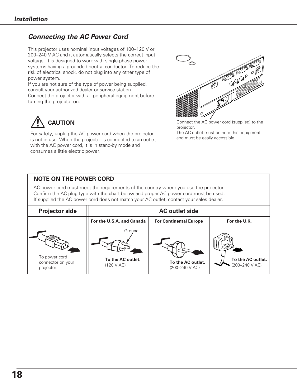 Connecting the ac power cord, Installation connecting the ac power cord | Fisher PLC-XU100 User Manual | Page 18 / 66