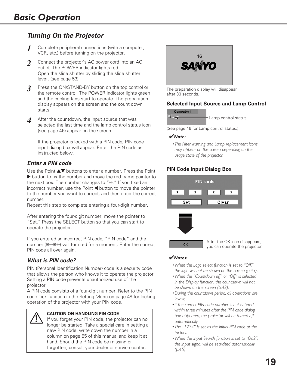 Basic operation, Turning on the projector | Fisher PLC-XU100 User Manual | Page 19 / 66