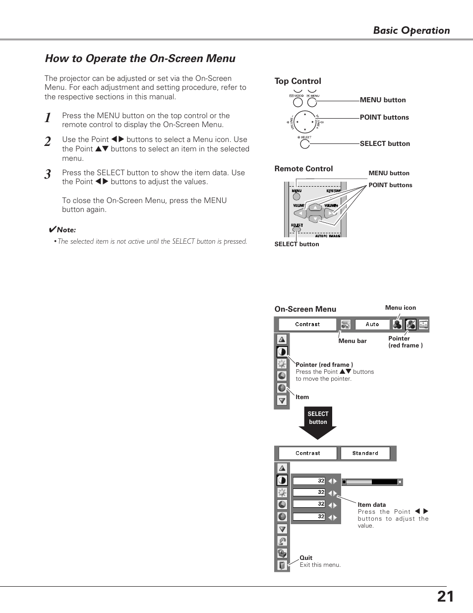 How to operate the on-screen menu, Basic operation | Fisher PLC-XU100 User Manual | Page 21 / 66