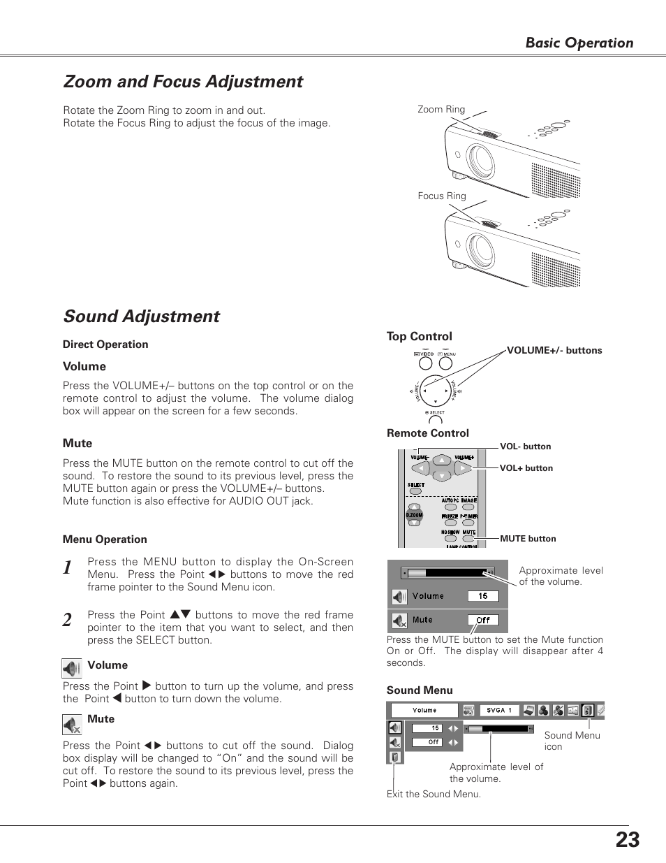 Zoom and focus adjustment, Sound adjustment, Basic operation | Fisher PLC-XU100 User Manual | Page 23 / 66