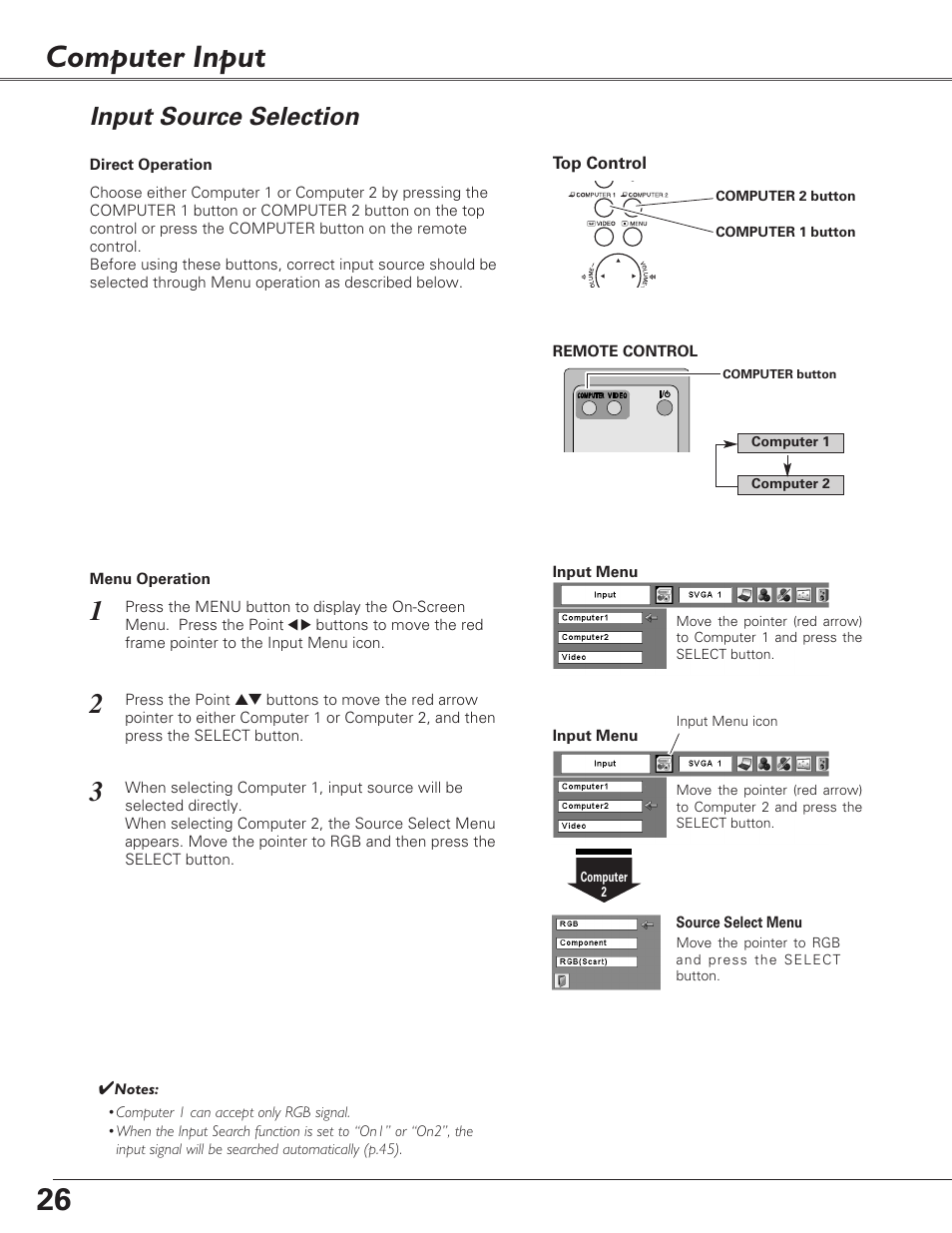 Computer input, Input source selection | Fisher PLC-XU100 User Manual | Page 26 / 66