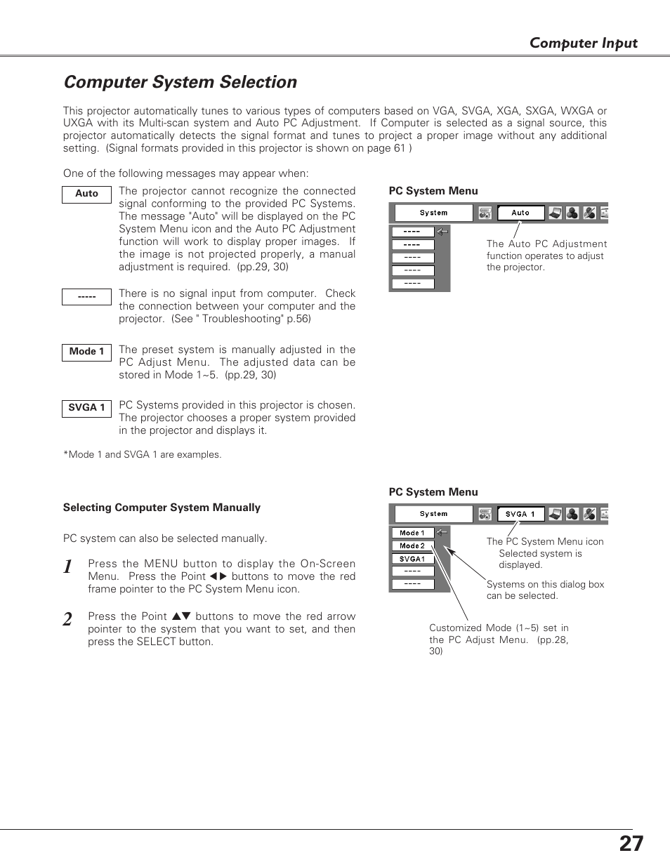 Computer system selection, Computer input | Fisher PLC-XU100 User Manual | Page 27 / 66