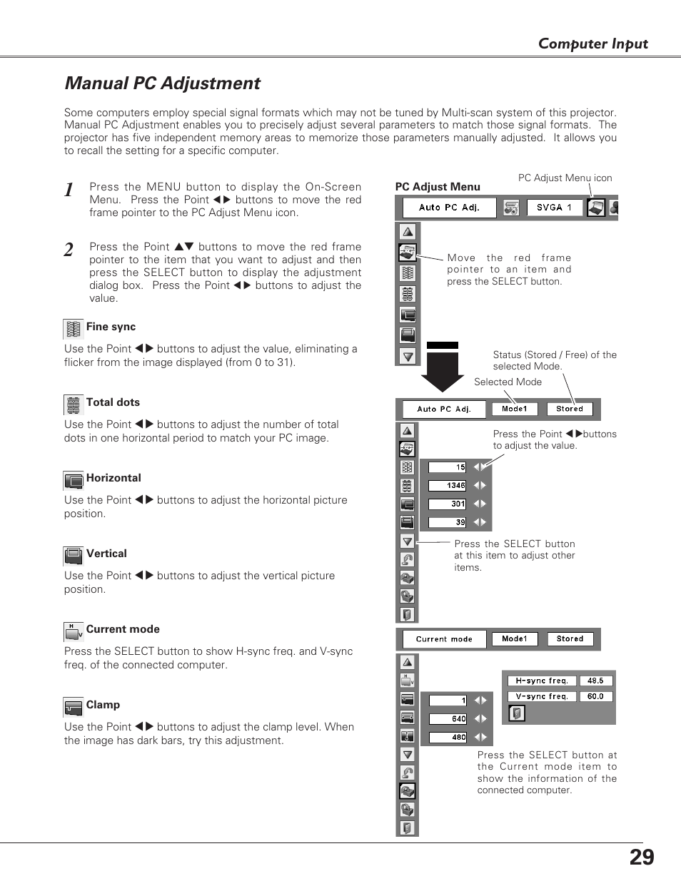 Manual pc adjustment, Computer input | Fisher PLC-XU100 User Manual | Page 29 / 66