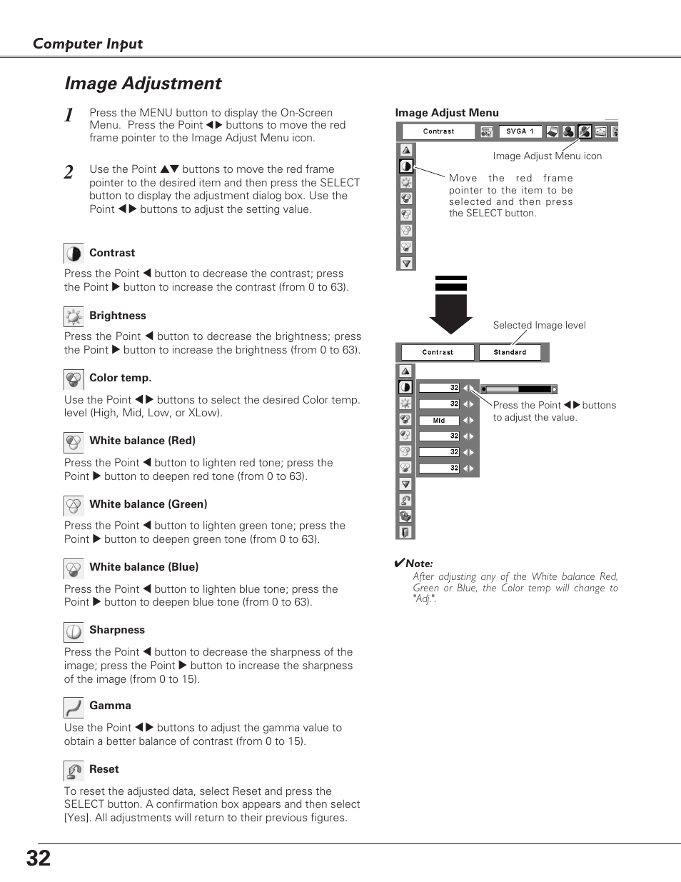 Image adjustment, Computer input | Fisher PLC-XU100 User Manual | Page 32 / 66