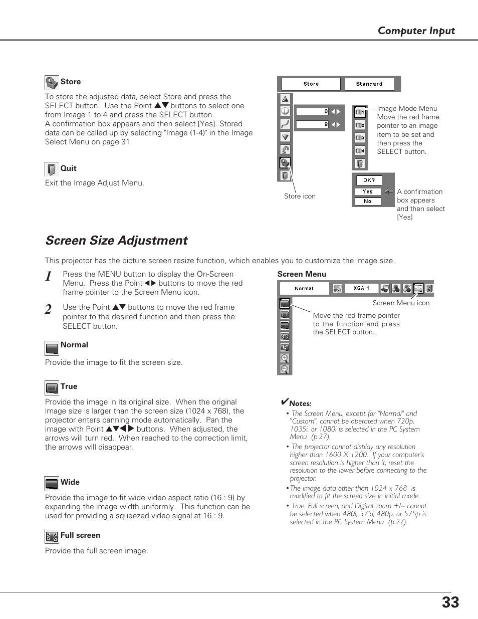 Screen size adjustment, Computer input | Fisher PLC-XU100 User Manual | Page 33 / 66