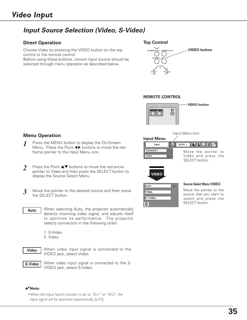 Video input, Input source selection (video, s-video) | Fisher PLC-XU100 User Manual | Page 35 / 66