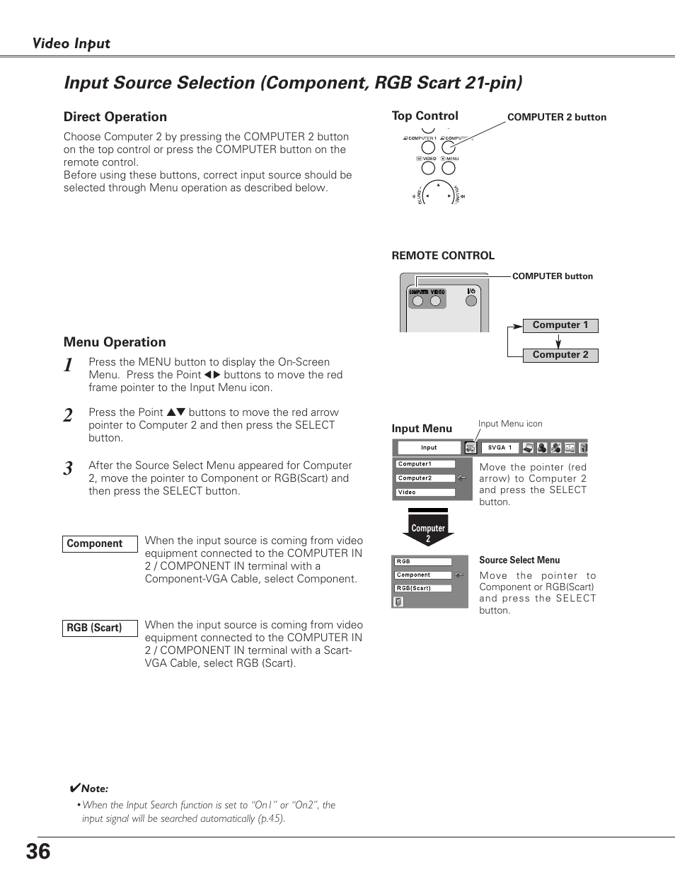 Input source selection (component, Rgb scart 21-pin), Video input | Fisher PLC-XU100 User Manual | Page 36 / 66