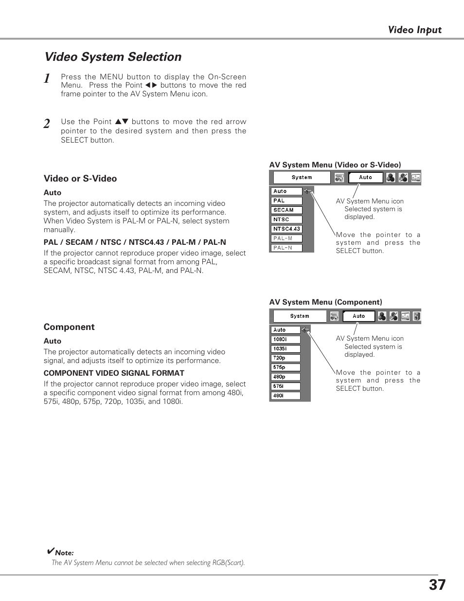 Video system selection, Video input | Fisher PLC-XU100 User Manual | Page 37 / 66