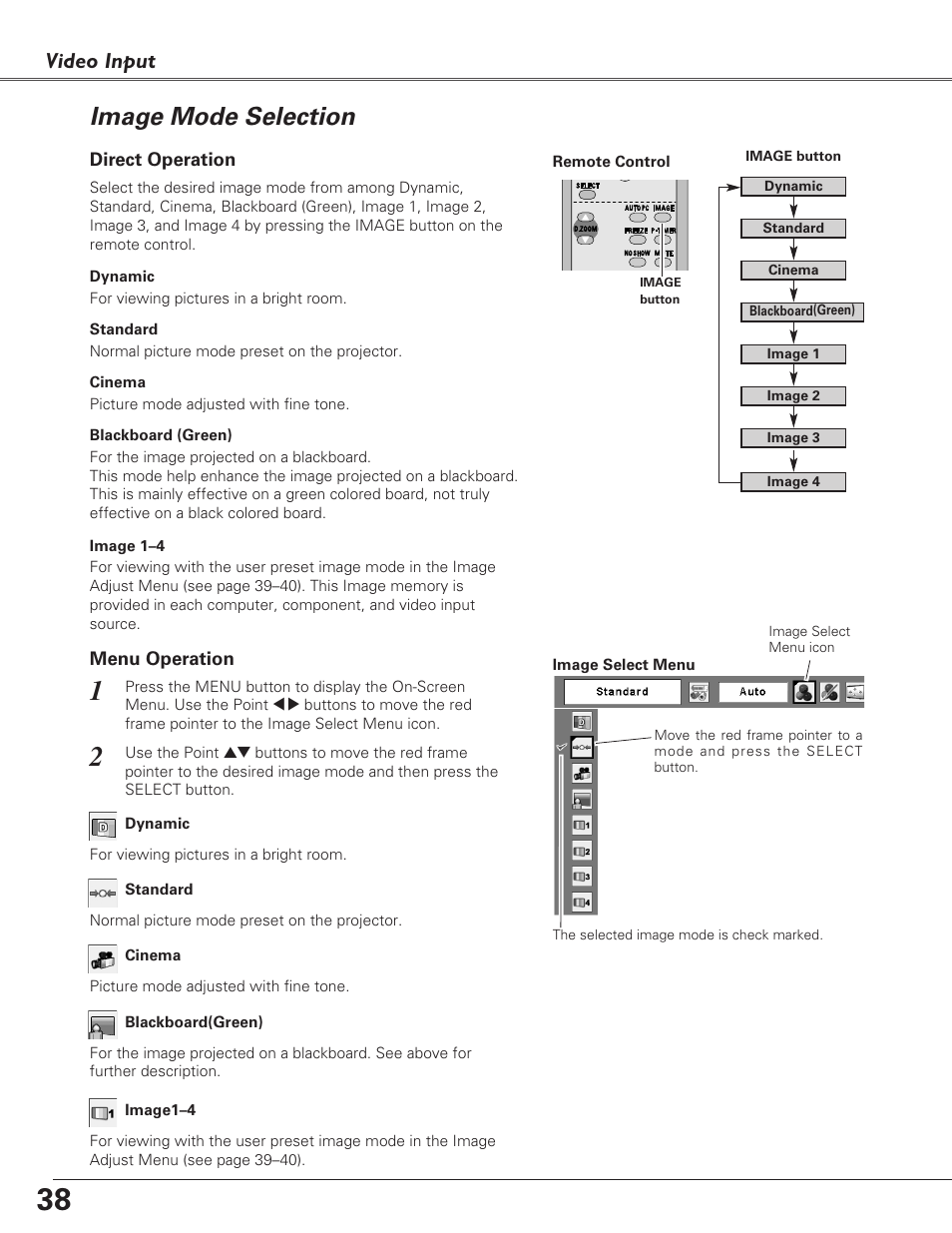 Image mode selection, Video input | Fisher PLC-XU100 User Manual | Page 38 / 66