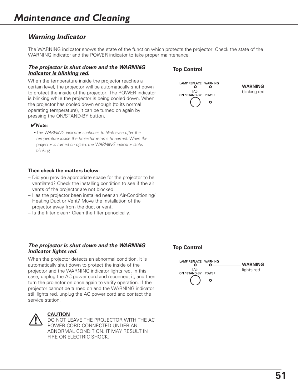 Maintenance and cleaning, Warning indicator | Fisher PLC-XU100 User Manual | Page 51 / 66