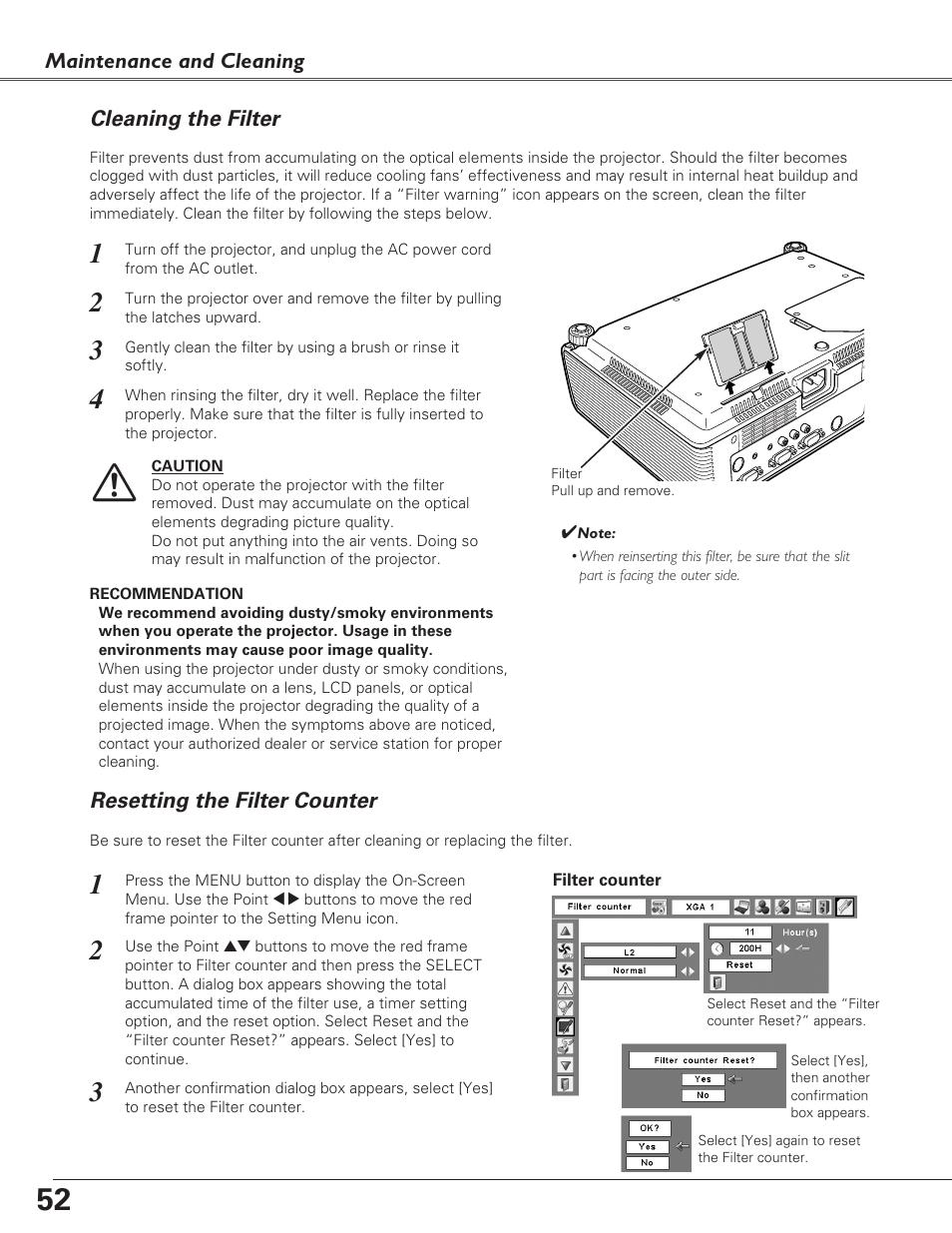 Cleaning the filter, Resetting the filter counter | Fisher PLC-XU100 User Manual | Page 52 / 66