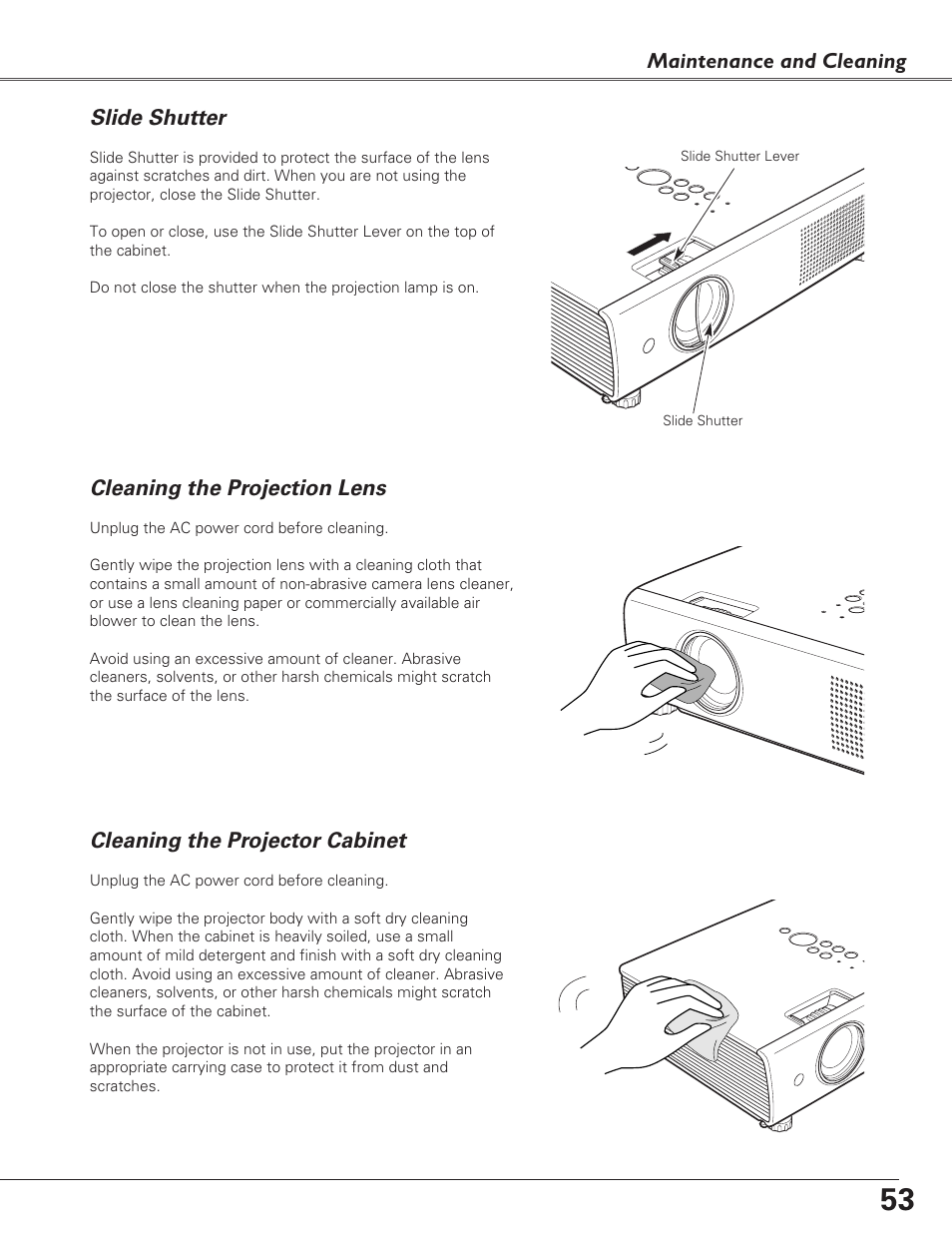 Slide shutter, Cleaning the projection lens, Cleaning the projector cabinet | Fisher PLC-XU100 User Manual | Page 53 / 66