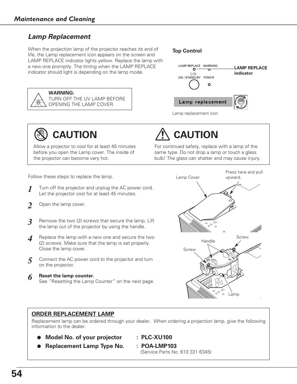 Lamp replacement, Caution | Fisher PLC-XU100 User Manual | Page 54 / 66