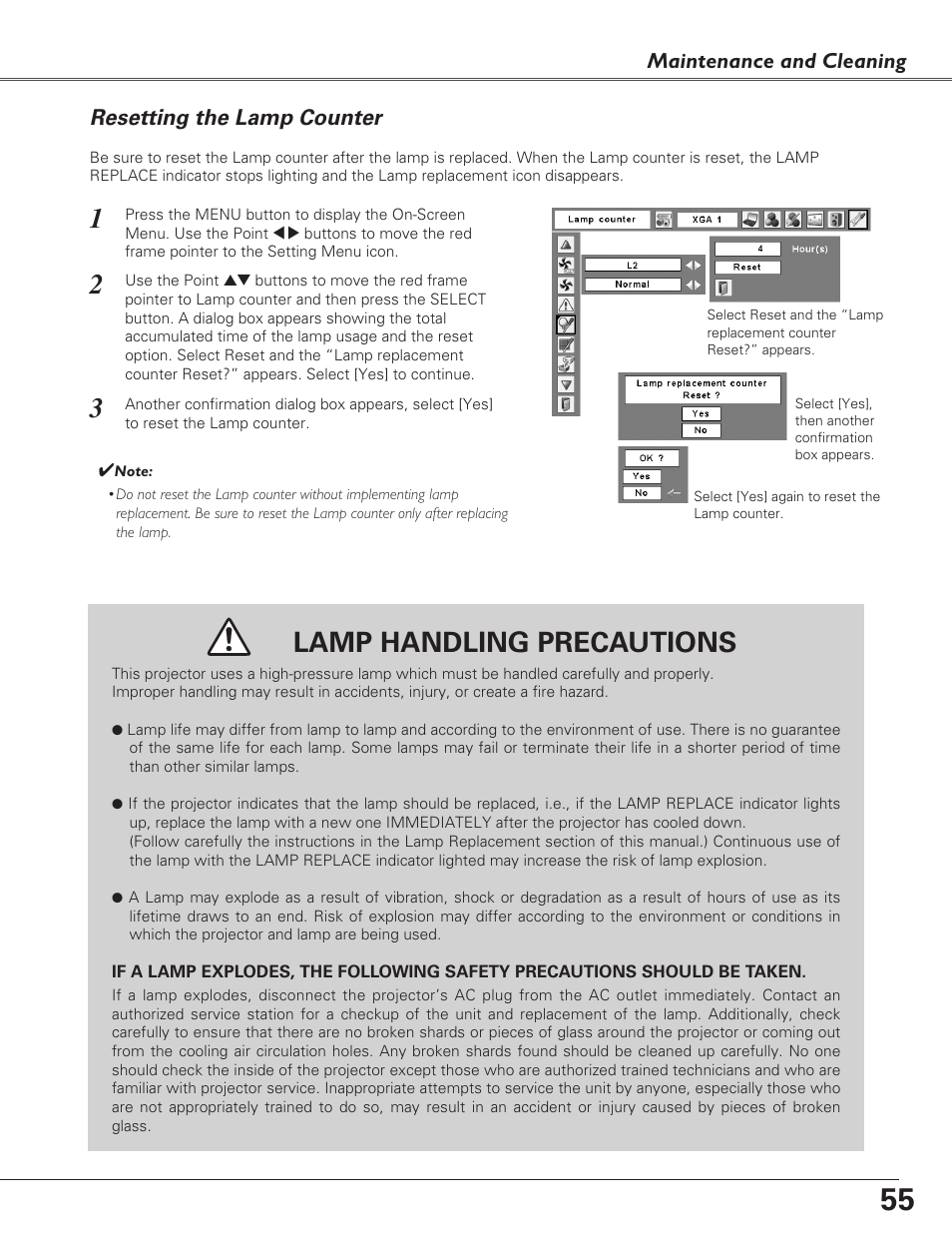 Resetting the lamp counter, Lamp handling precautions, Maintenance and cleaning | Fisher PLC-XU100 User Manual | Page 55 / 66