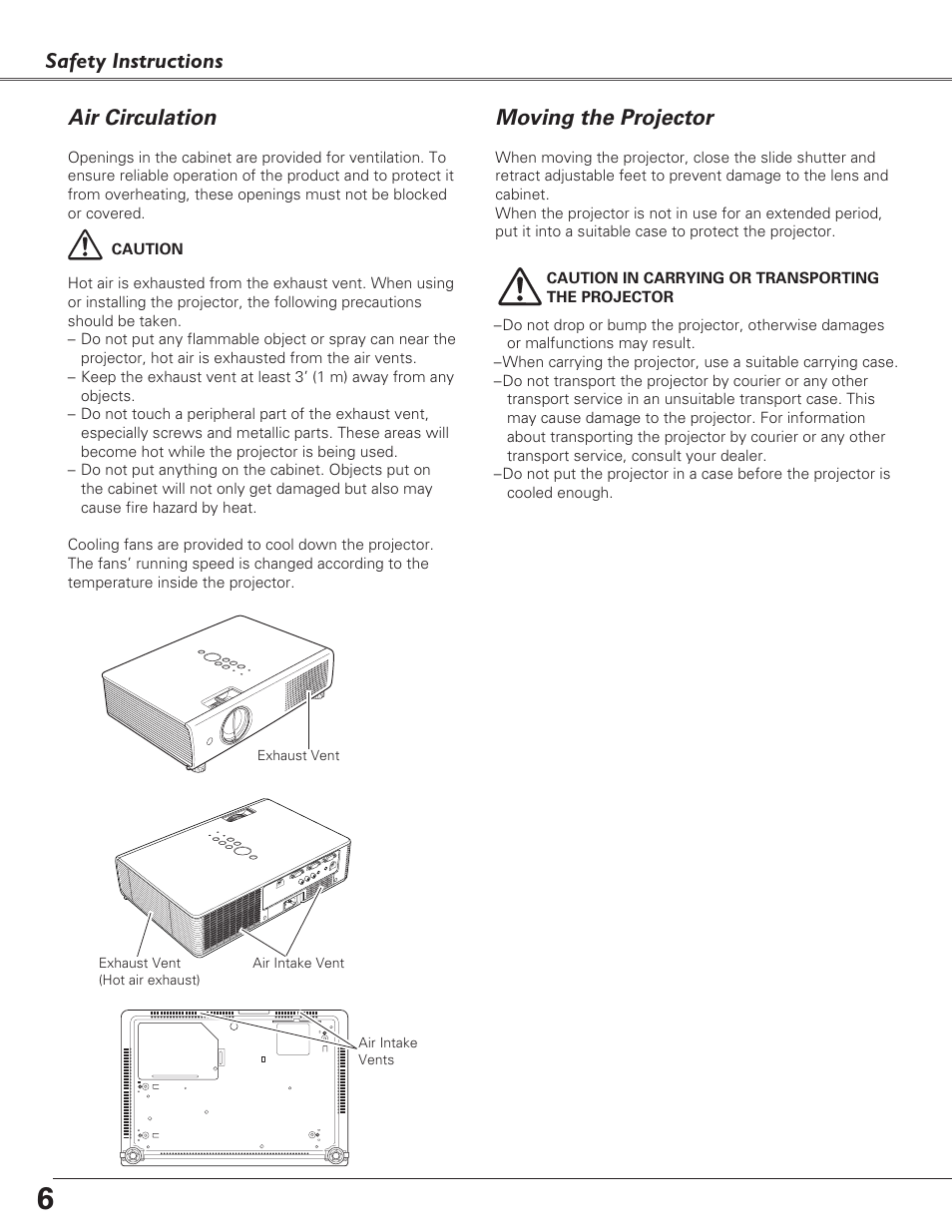 Air circulation, Moving the projector, Safety instructions | Fisher PLC-XU100 User Manual | Page 6 / 66