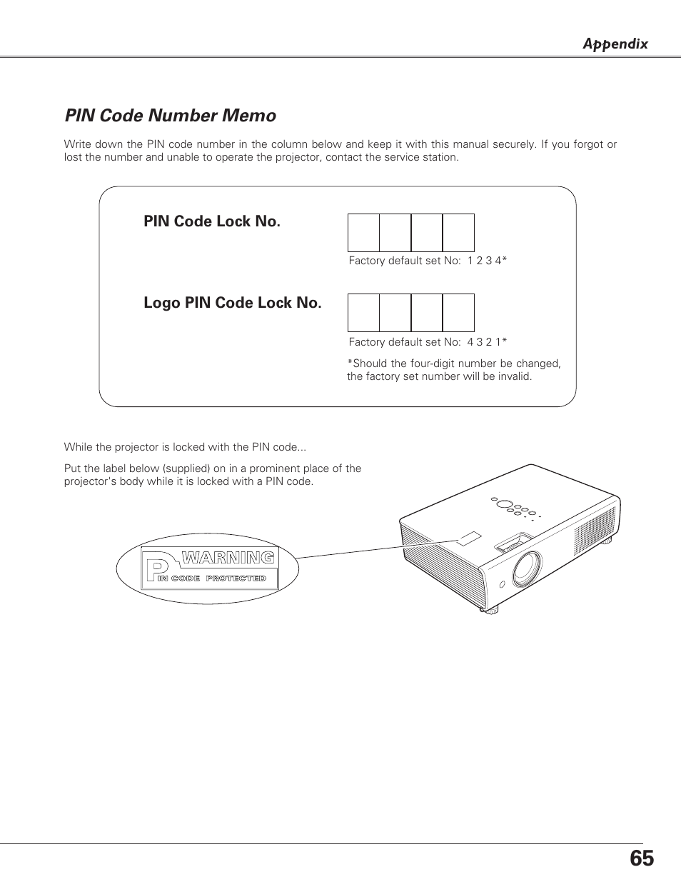 Pin code number memo | Fisher PLC-XU100 User Manual | Page 65 / 66