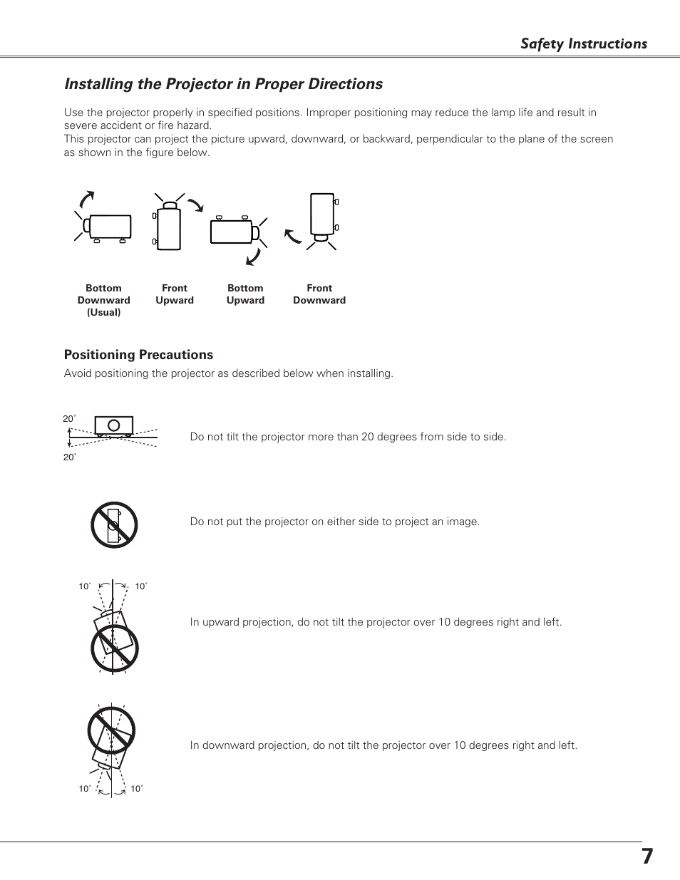 Installing the projector in proper directions, Safety instructions | Fisher PLC-XU100 User Manual | Page 7 / 66