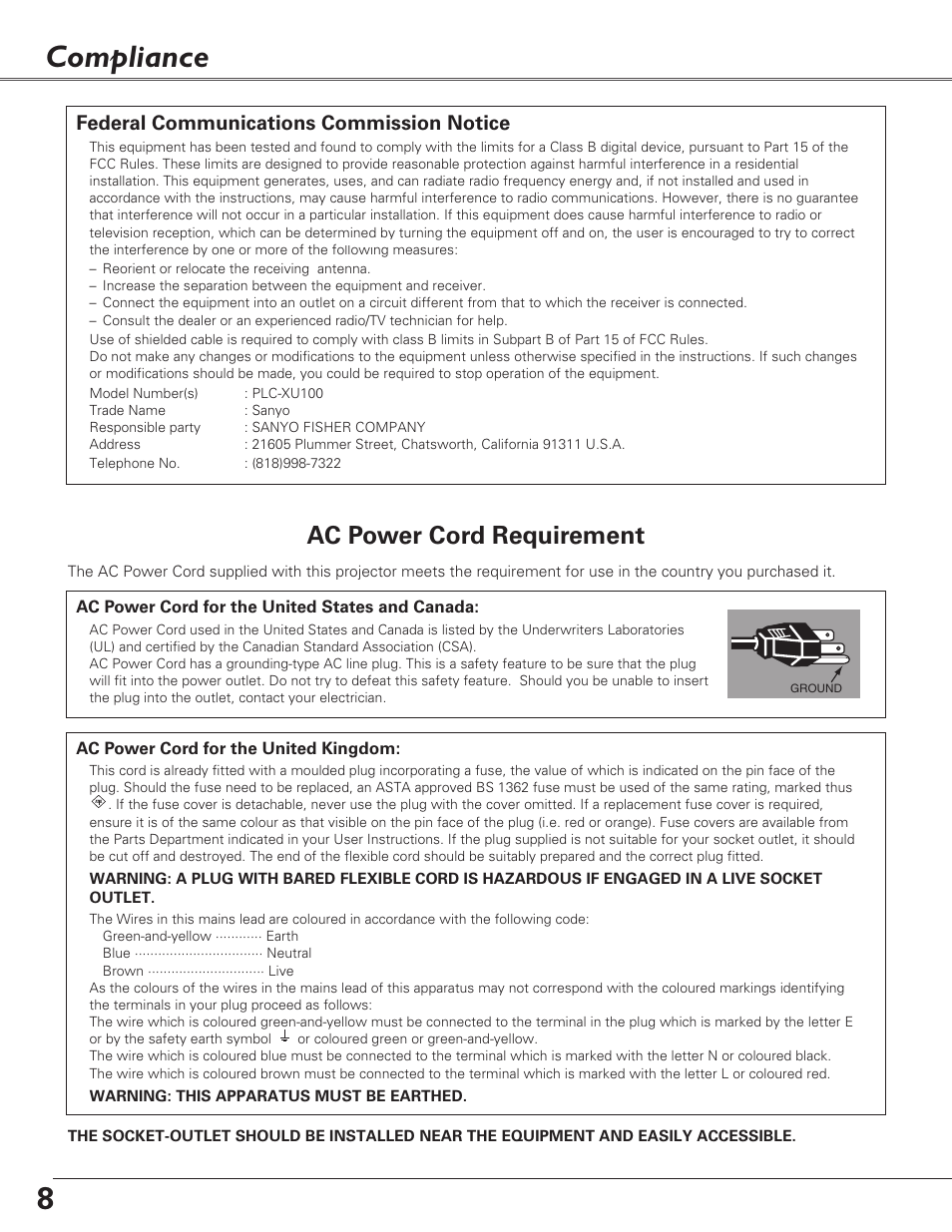 Compliance, Compliance 8, Ac power cord requirement | Federal communications commission notice | Fisher PLC-XU100 User Manual | Page 8 / 66