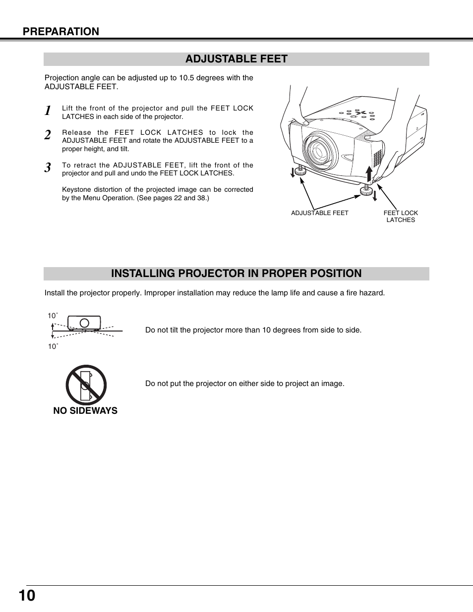 Adjustable feet, Installing projector in proper position | Fisher PLC-XP57L User Manual | Page 10 / 62